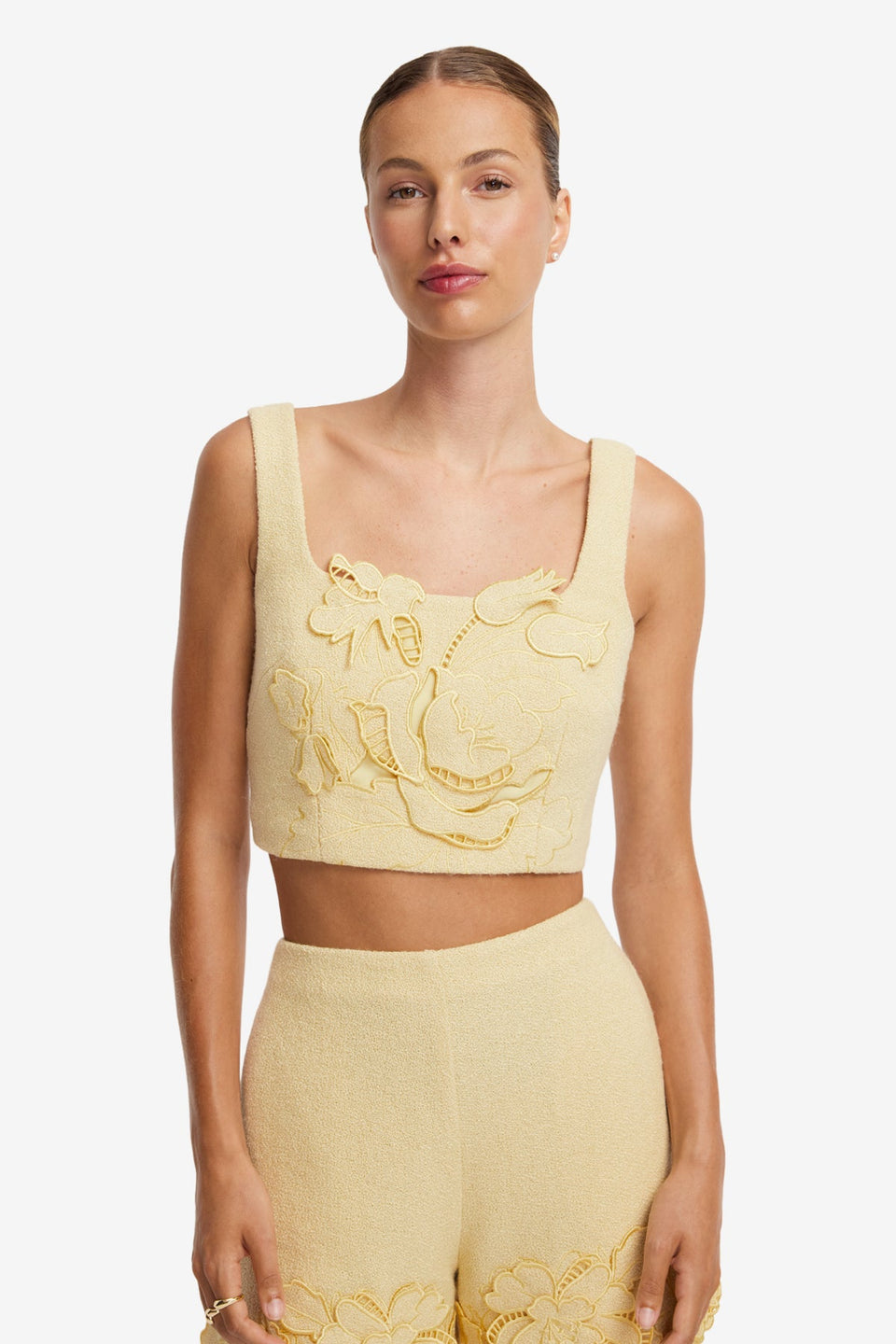 Vivian Applique Tweed Crop Top - Dusty Yellow Tops