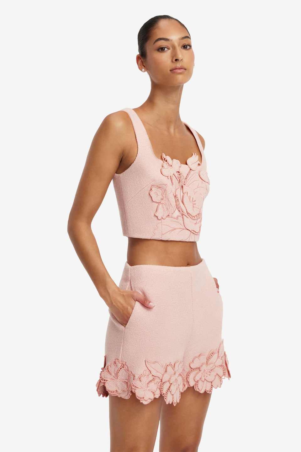 Vivian Applique Tweed Crop Top - Dusty Pink Tops