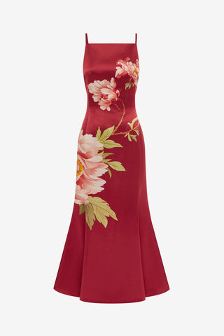 Exclusive LEO LIN Regina Wool Blend Midi Dress - Prosperity Print in Garnet