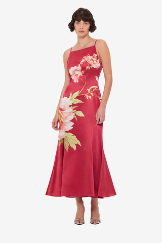 Exclusive LEO LIN Regina Wool Blend Midi Dress - Prosperity Print in Garnet