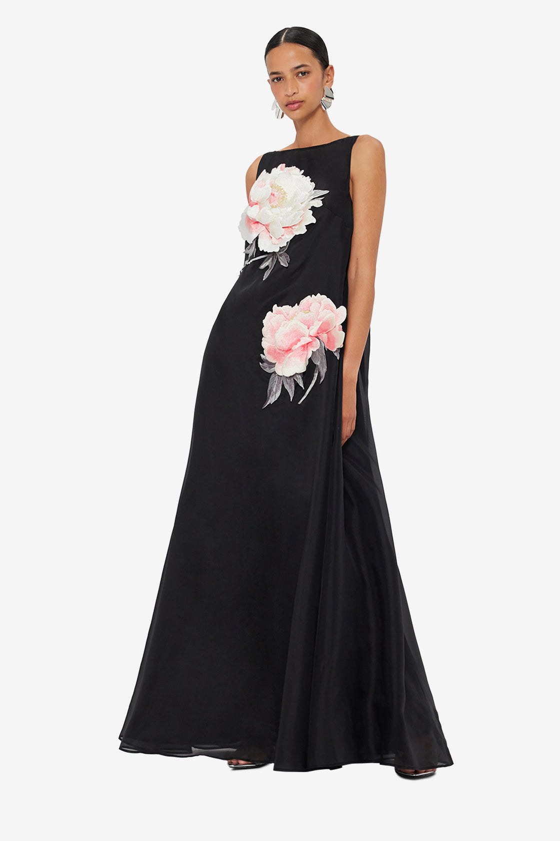 Exclusive LEO LIN Yumei Appliqué Floral Open Back Gown - Onyx