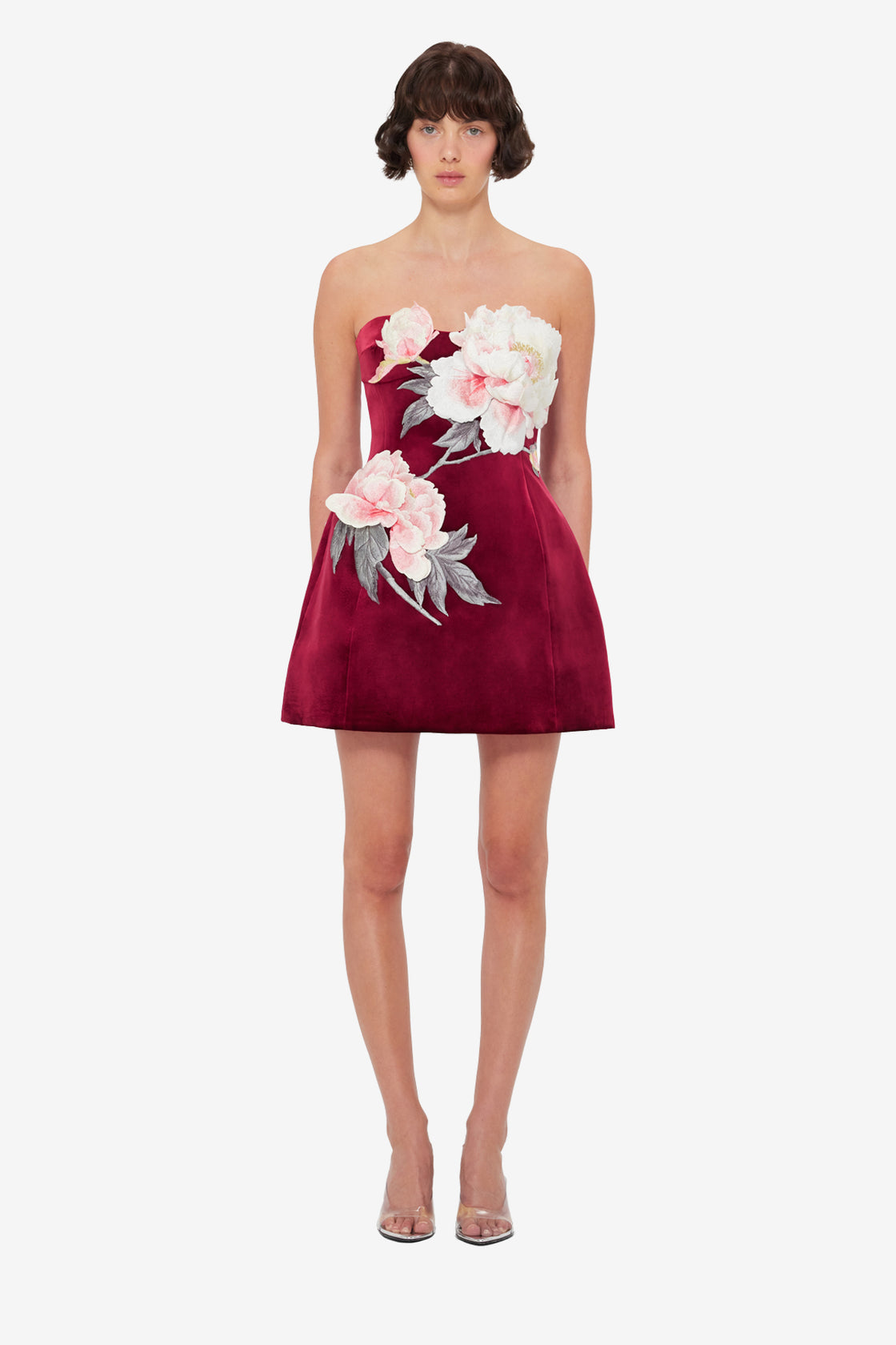 Exclusive LEO LIN Rosanne Velvet Appliqué Floral Bustier Mini Dress - Garnet