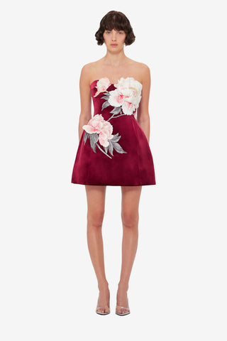 Exclusive LEO LIN Rosanne Velvet Appliqué Floral Bustier Mini Dress - Garnet