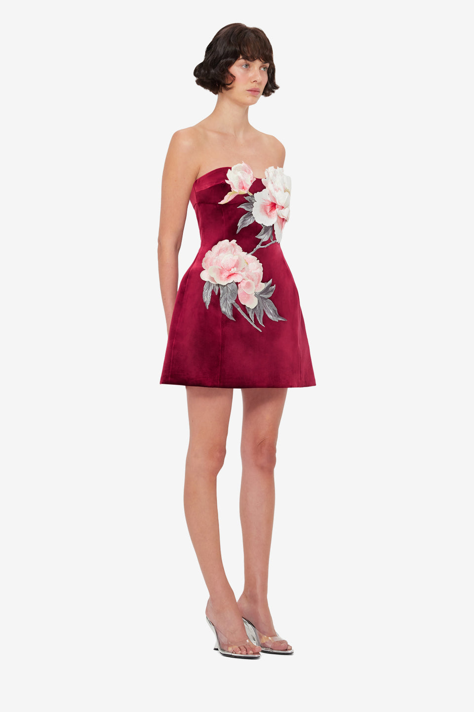 Exclusive LEO LIN Rosanne Velvet Appliqué Floral Bustier Mini Dress - Garnet