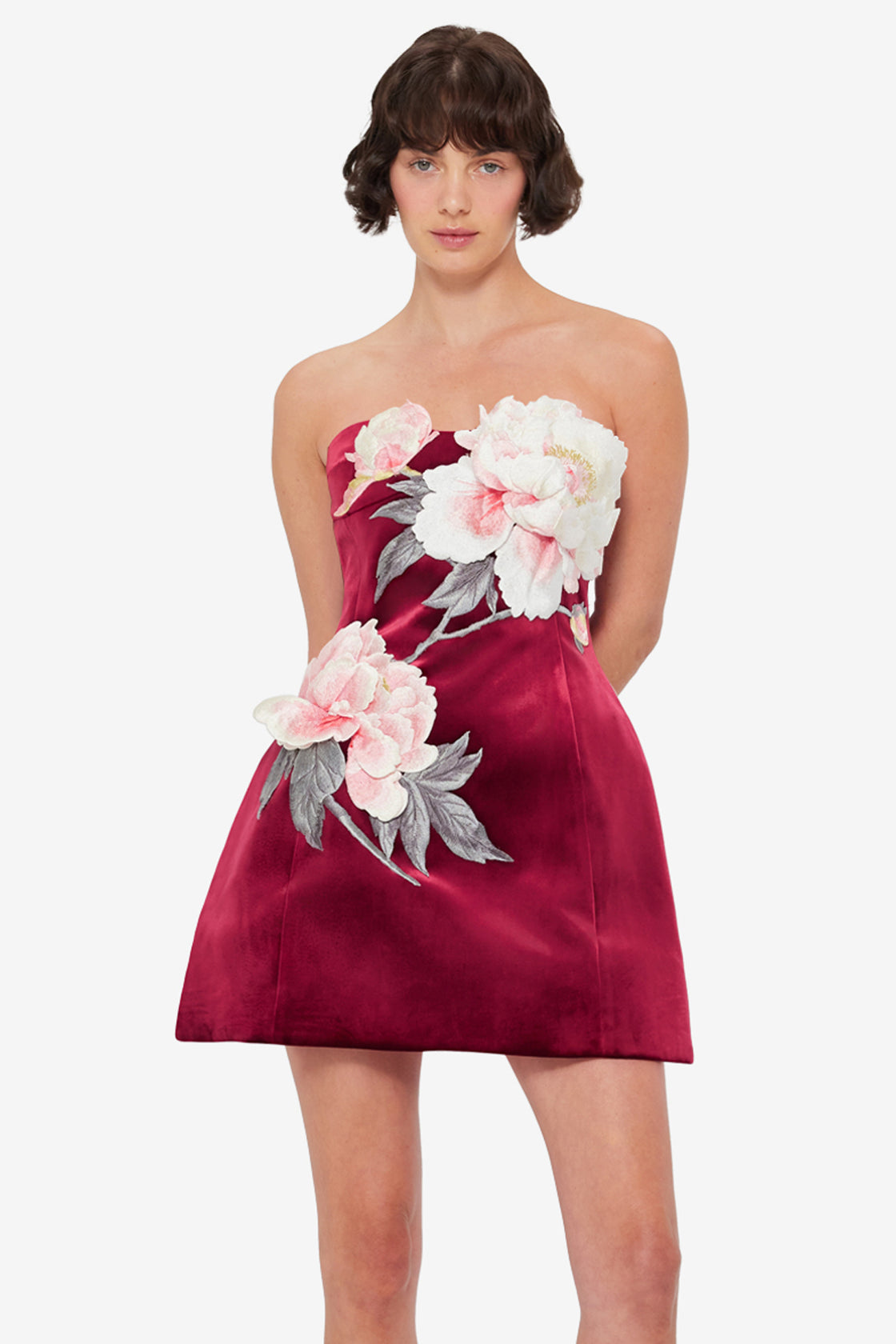 Exclusive LEO LIN Rosanne Velvet Appliqué Floral Bustier Mini Dress - Garnet
