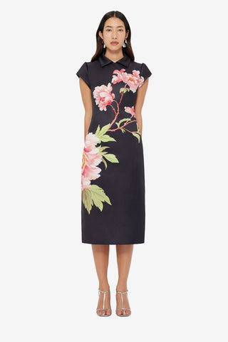 Exclusive LEO LIN Qian Midi Dress - Prosperity Print in Onyx