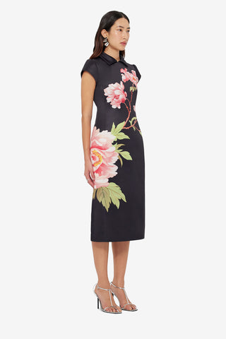 Exclusive LEO LIN Qian Midi Dress - Prosperity Print in Onyx
