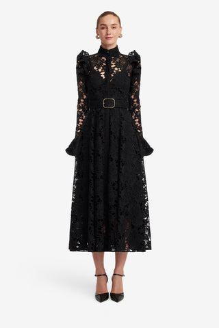Aliyah Lace Butterfly Sleeve Midi Dress - Ebony