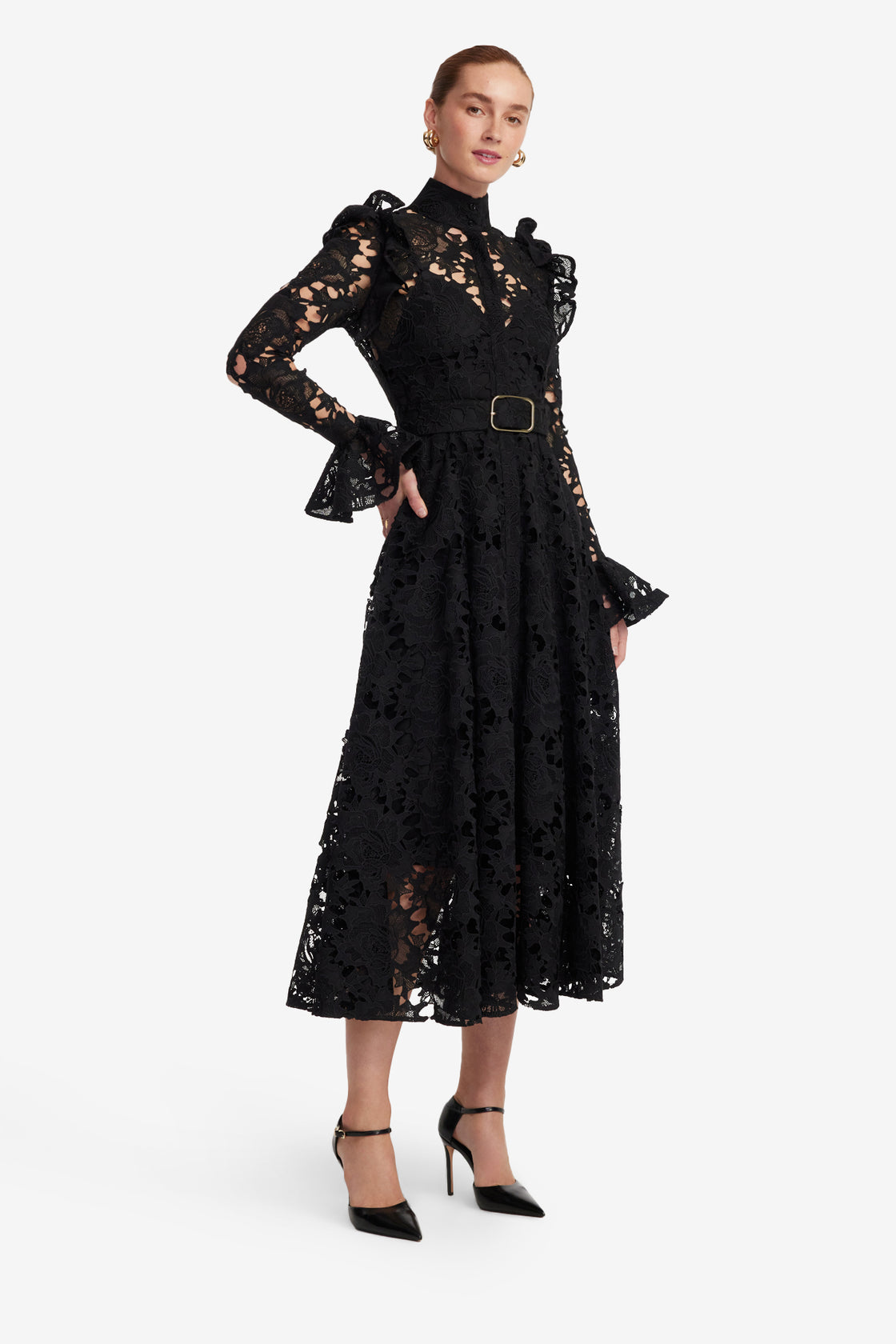 Exclusive LEO LIN Aliyah Lace Butterfly Sleeve Midi Dress - Ebony