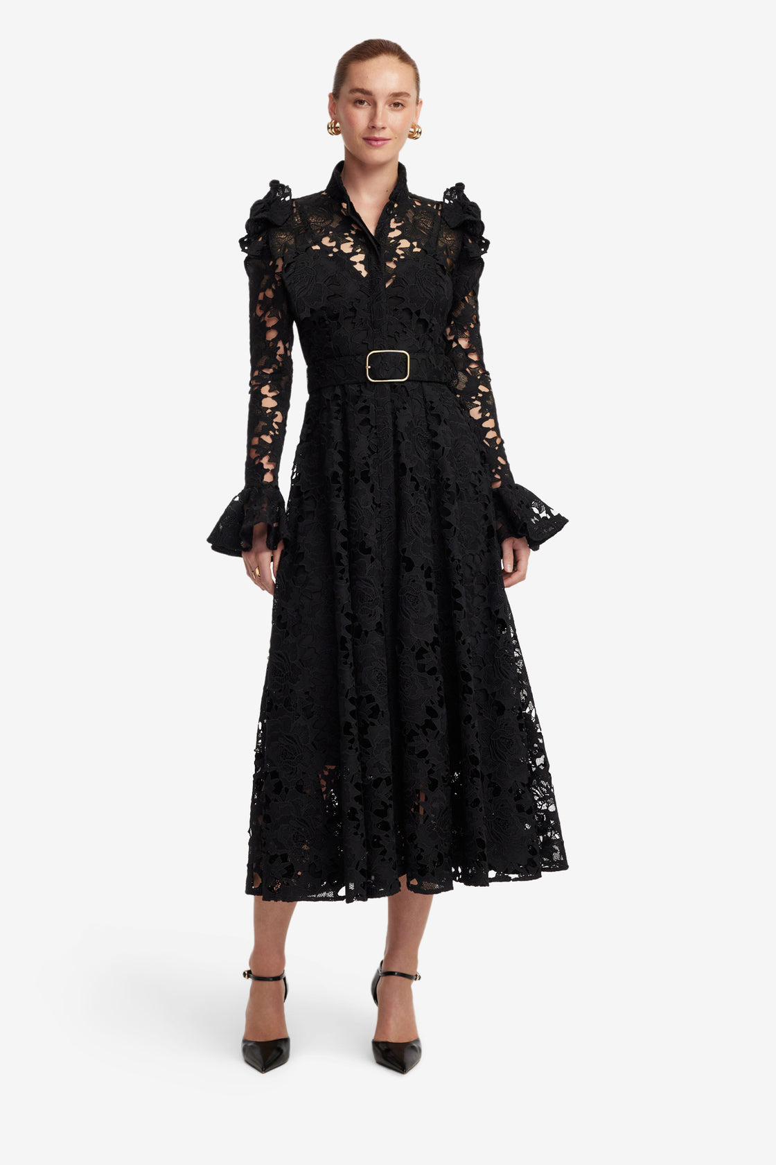 Exclusive LEO LIN Aliyah Lace Butterfly Sleeve Midi Dress - Ebony