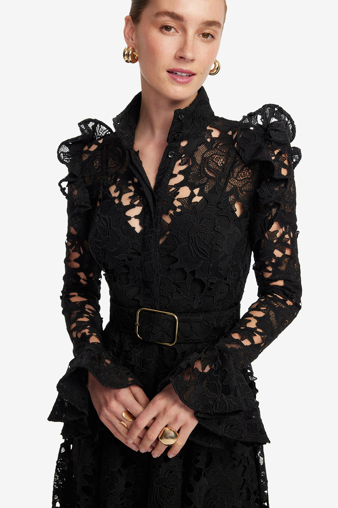 Exclusive LEO LIN Aliyah Lace Butterfly Sleeve Midi Dress - Ebony