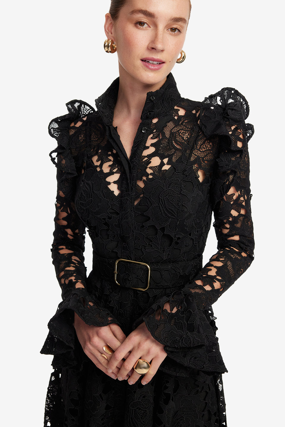 Exclusive LEO LIN Aliyah Lace Butterfly Sleeve Midi Dress - Ebony