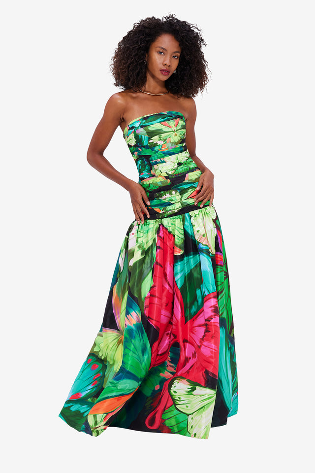Exclusive LEO LIN Natalia Ruched Maxi Dress - Papillon Print in Green