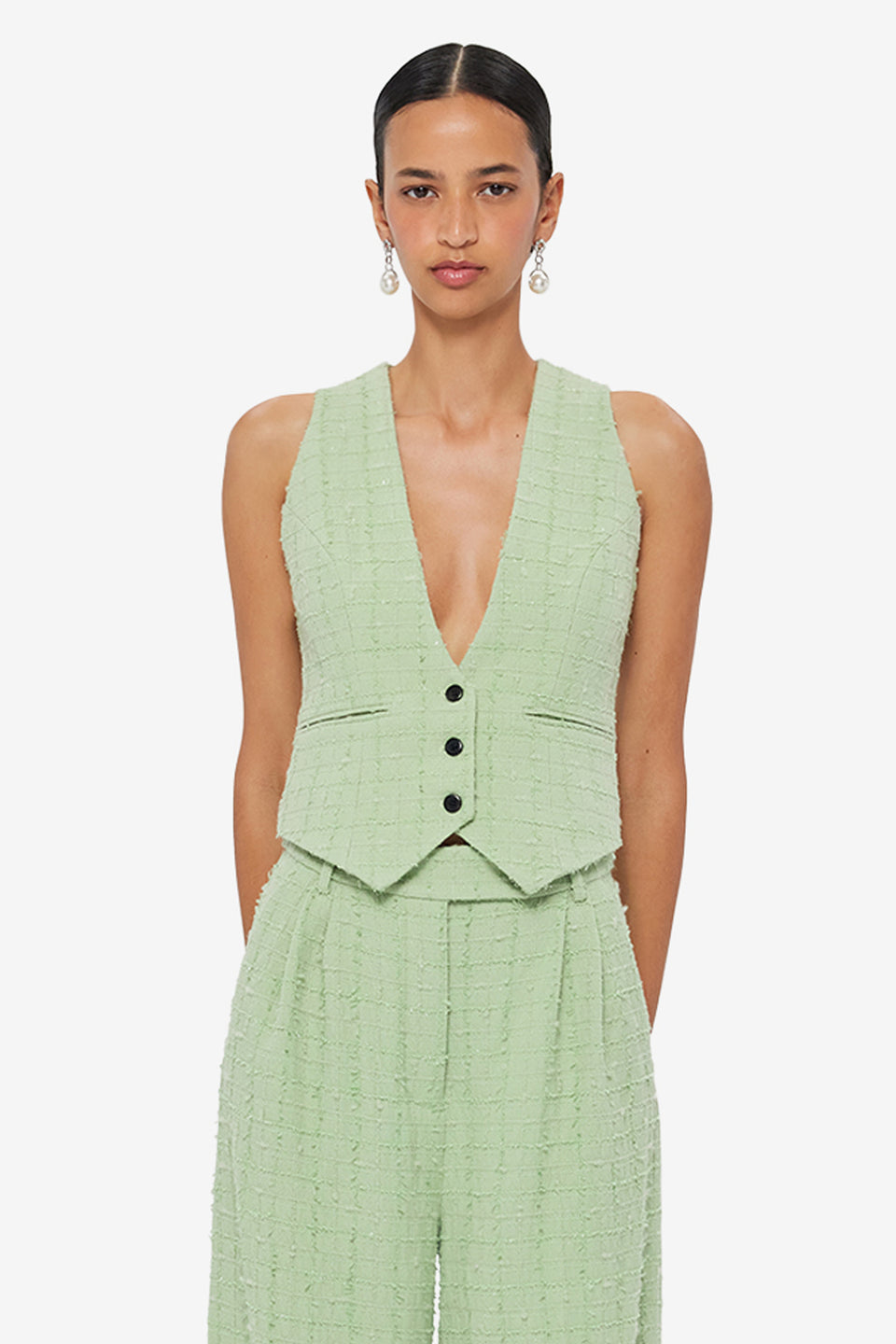 Exclusive LEO LIN Anna-May Tweed Vest - Caledon Green