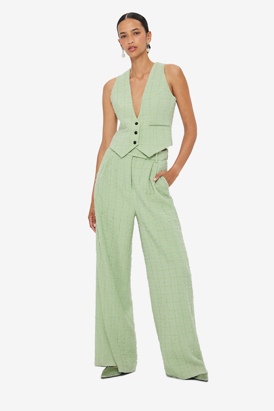 Exclusive LEO LIN Anna-May Tweed Vest - Caledon Green