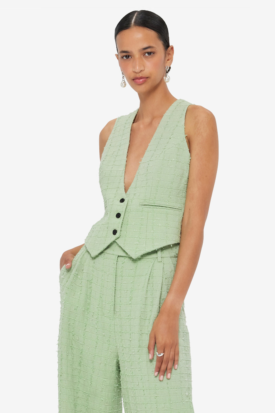 Exclusive LEO LIN Anna-May Tweed Vest - Caledon Green