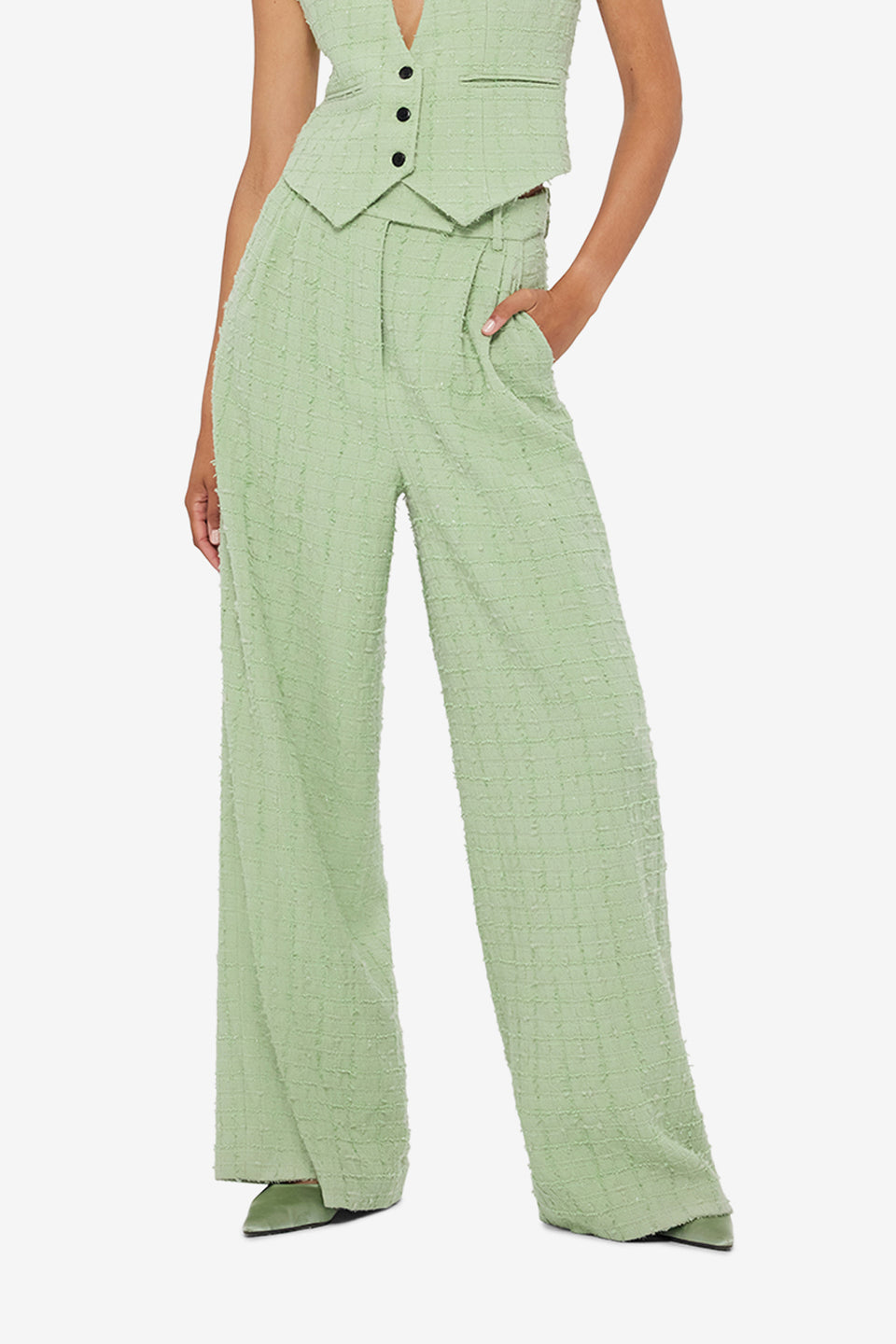Exclusive LEO LIN Elisha Tweed Wide Leg Pants - Caledon Green