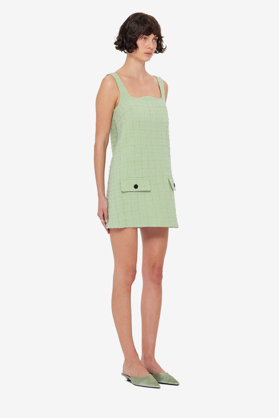 Exclusive LEO LIN Kira Tweed Mini Dress in Caledon Green