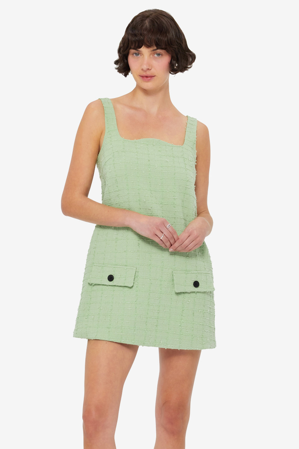 Exclusive LEO LIN Kira Tweed Mini Dress in Caledon Green