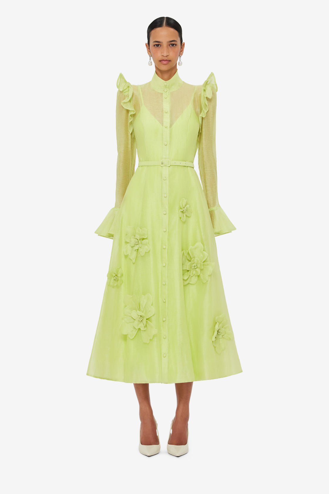 Exclusive LEO LIN Katrina Petal Butterfly Sleeve Midi Dress - Chartreuse