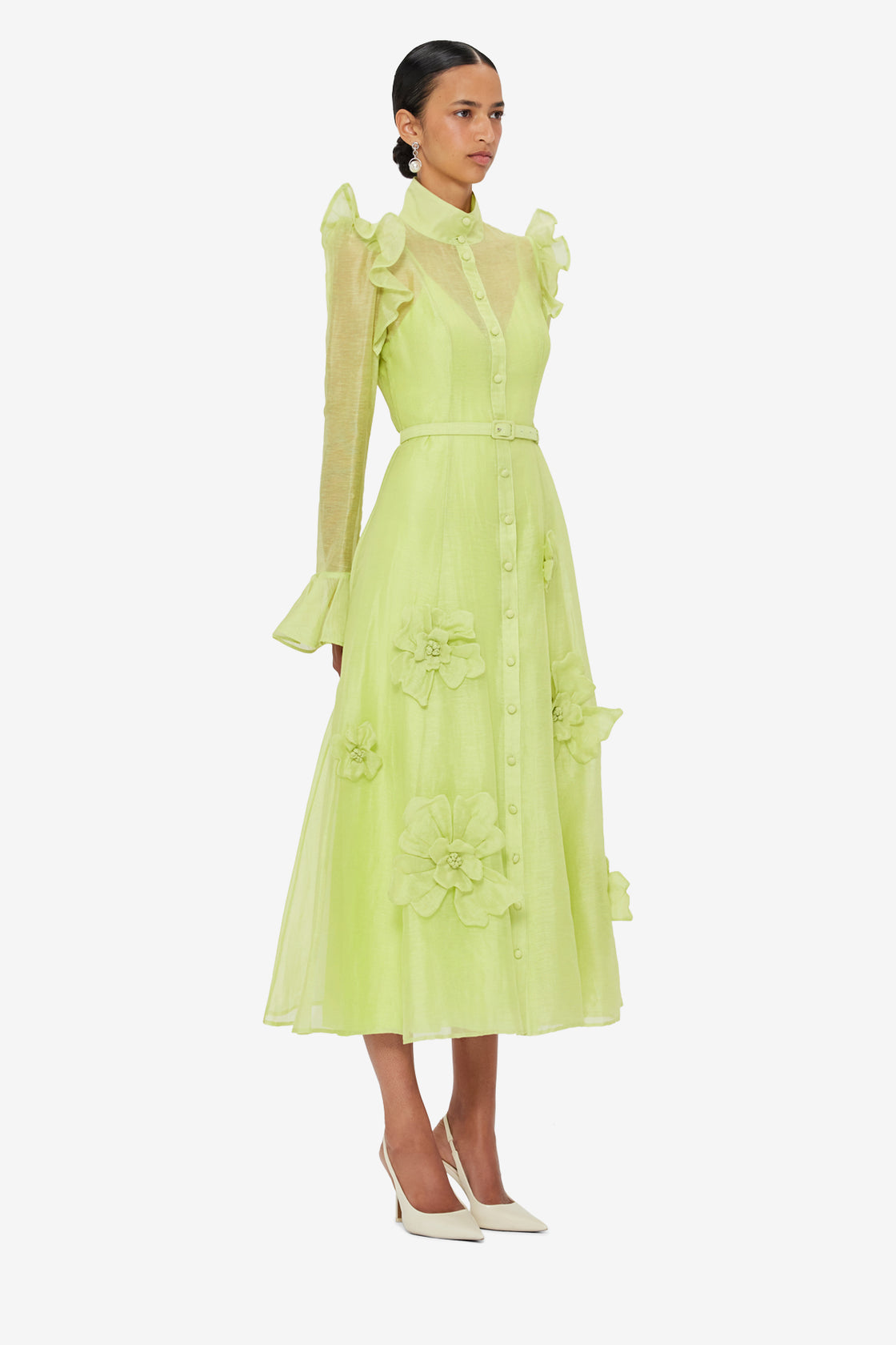 Exclusive LEO LIN Katrina Petal Butterfly Sleeve Midi Dress - Chartreuse