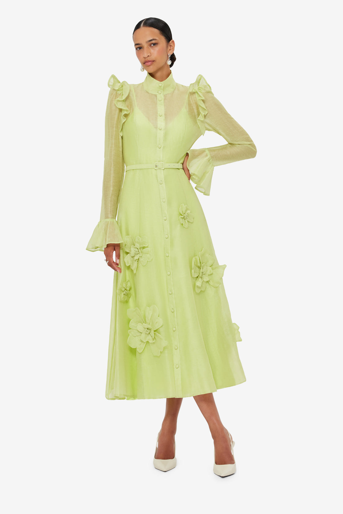 Exclusive LEO LIN Katrina Petal Butterfly Sleeve Midi Dress - Chartreuse