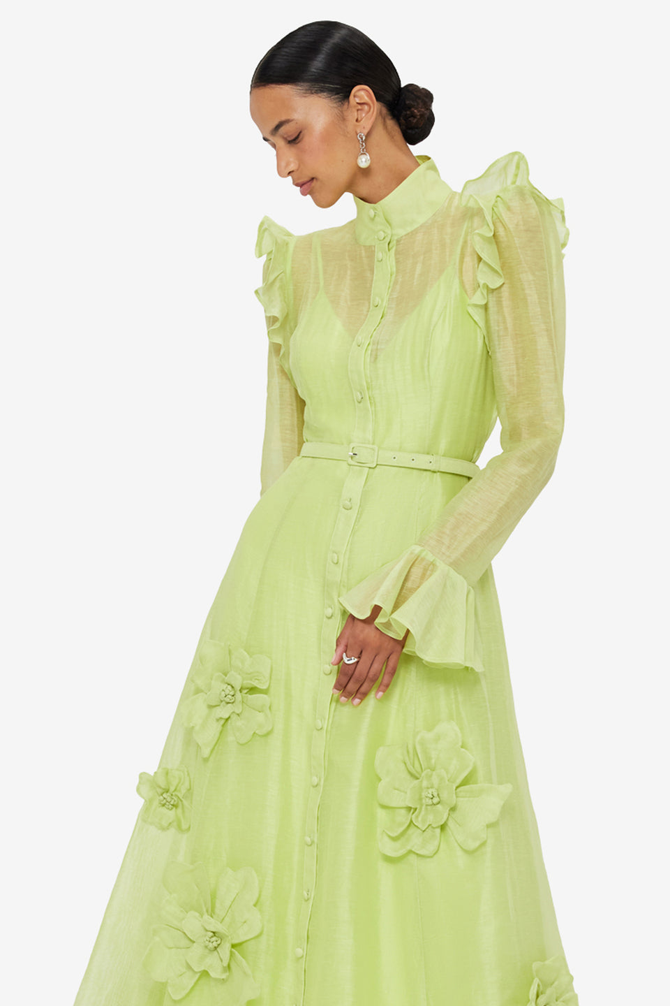 Exclusive LEO LIN Katrina Petal Butterfly Sleeve Midi Dress - Chartreuse