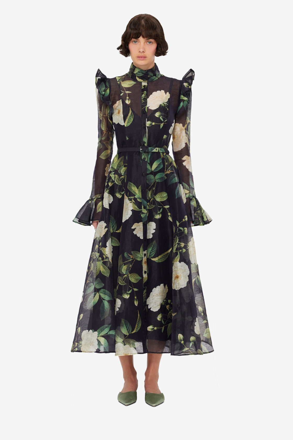 Exclusive LEO LIN Katrina Butterfly Sleeve Midi Dress - White Rose Print