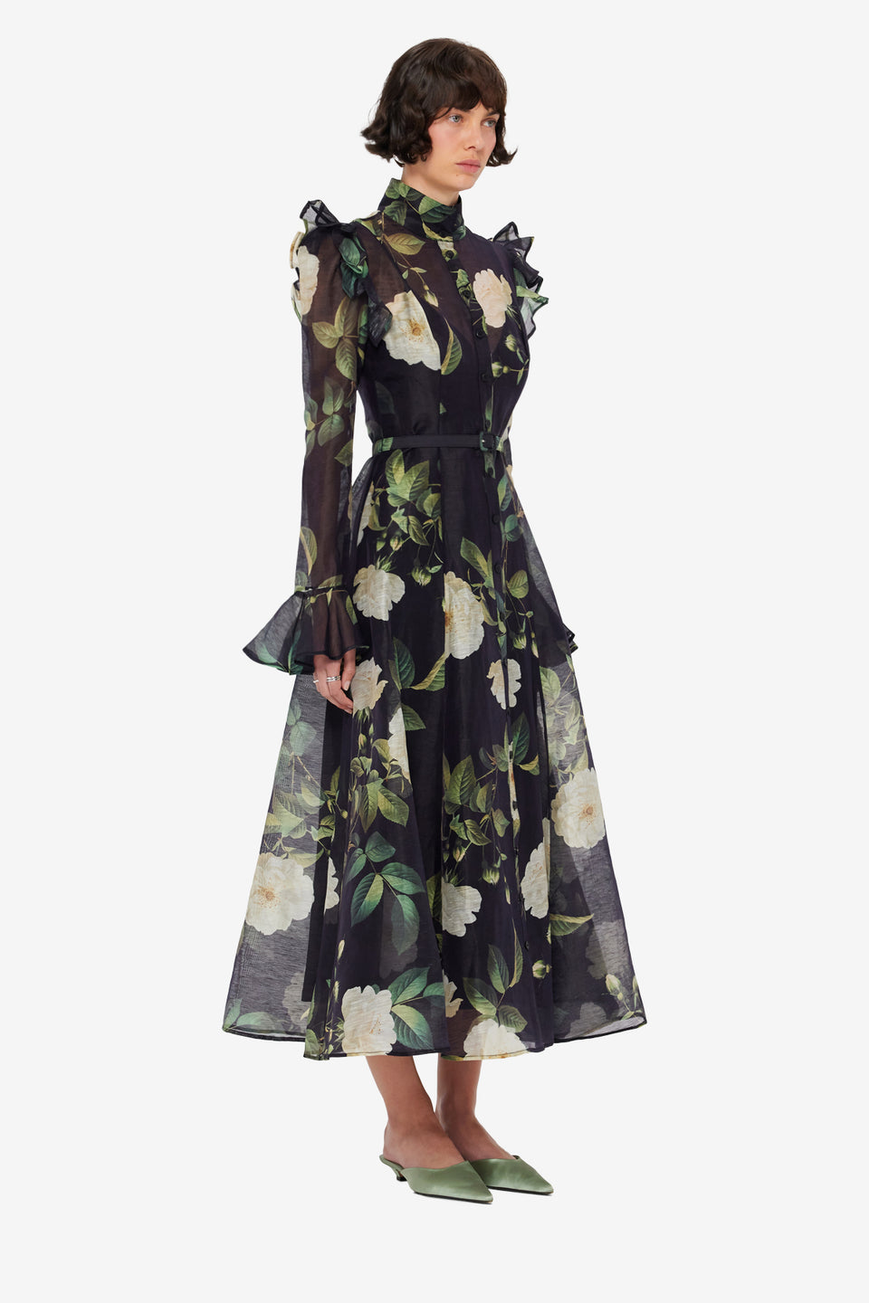 Exclusive LEO LIN Katrina Butterfly Sleeve Midi Dress - White Rose Print