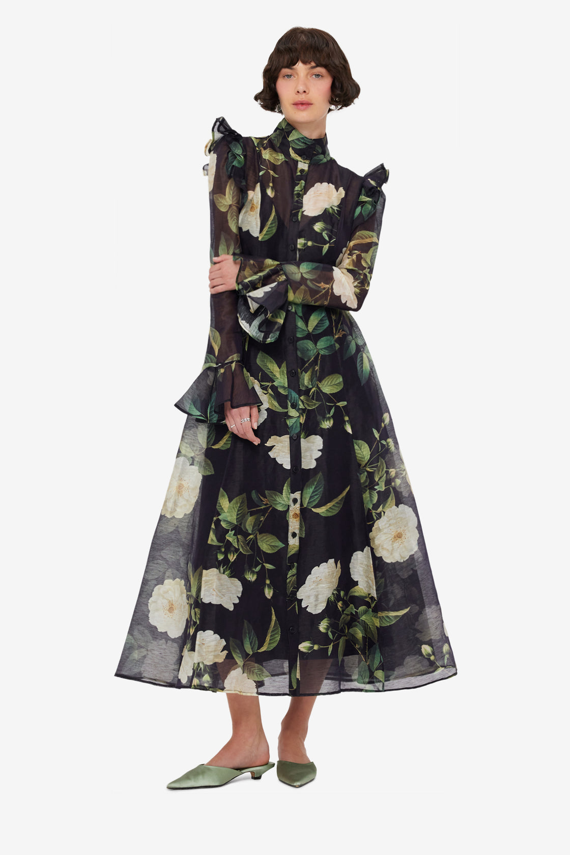 Exclusive LEO LIN Katrina Butterfly Sleeve Midi Dress - White Rose Print