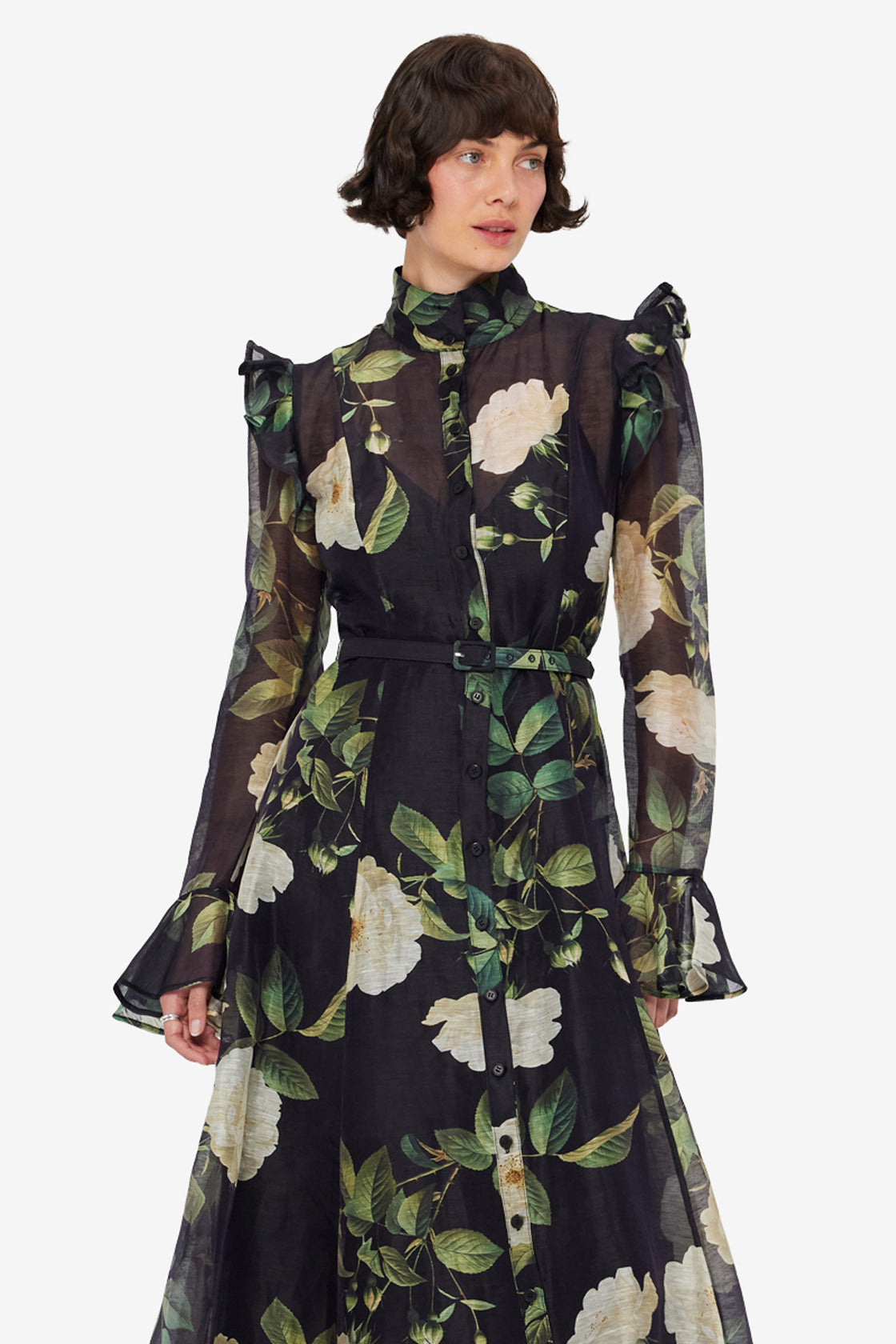 Exclusive LEO LIN Katrina Butterfly Sleeve Midi Dress - White Rose Print