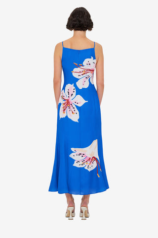 Exclusive LEO LIN Regina Midi Dress - Lily Print in Cobalt