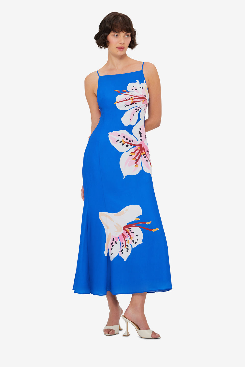 Exclusive LEO LIN Regina Midi Dress - Lily Print in Cobalt