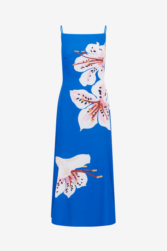Exclusive LEO LIN Regina Midi Dress - Lily Print in Cobalt