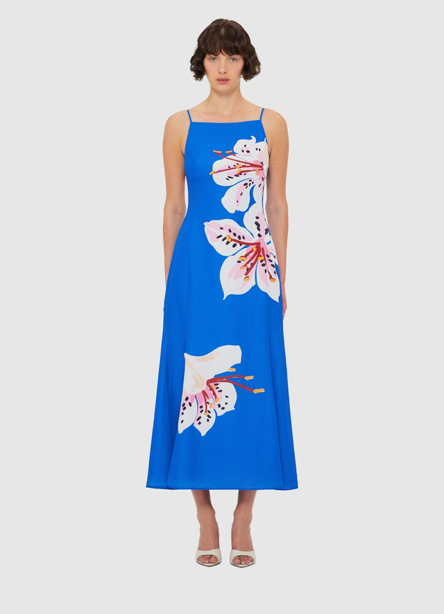 Exclusive LEO LIN Regina Midi Dress - Lily Print in Cobalt
