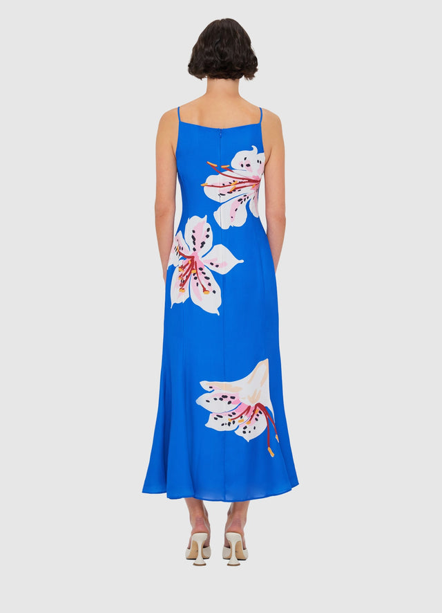 Exclusive LEO LIN Regina Midi Dress - Lily Print in Cobalt