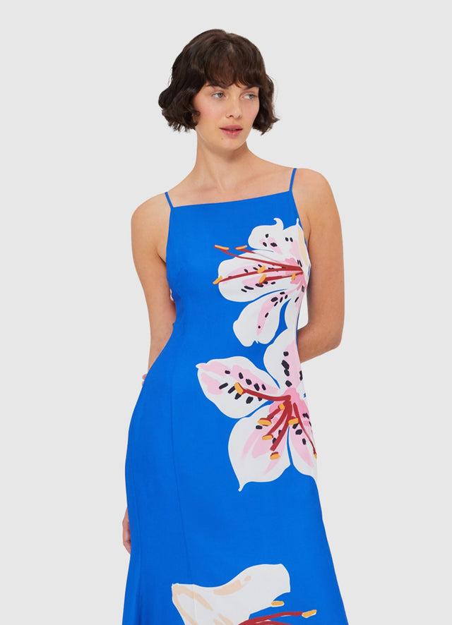 Exclusive LEO LIN Regina Midi Dress - Lily Print in Cobalt
