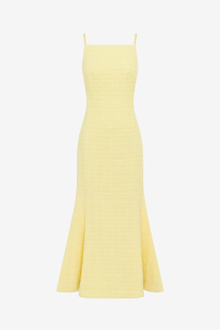 light yellow midi dress Wandering In The Tulle Hidden back zipper/clasp Yellow Jacquard Midi Dress -