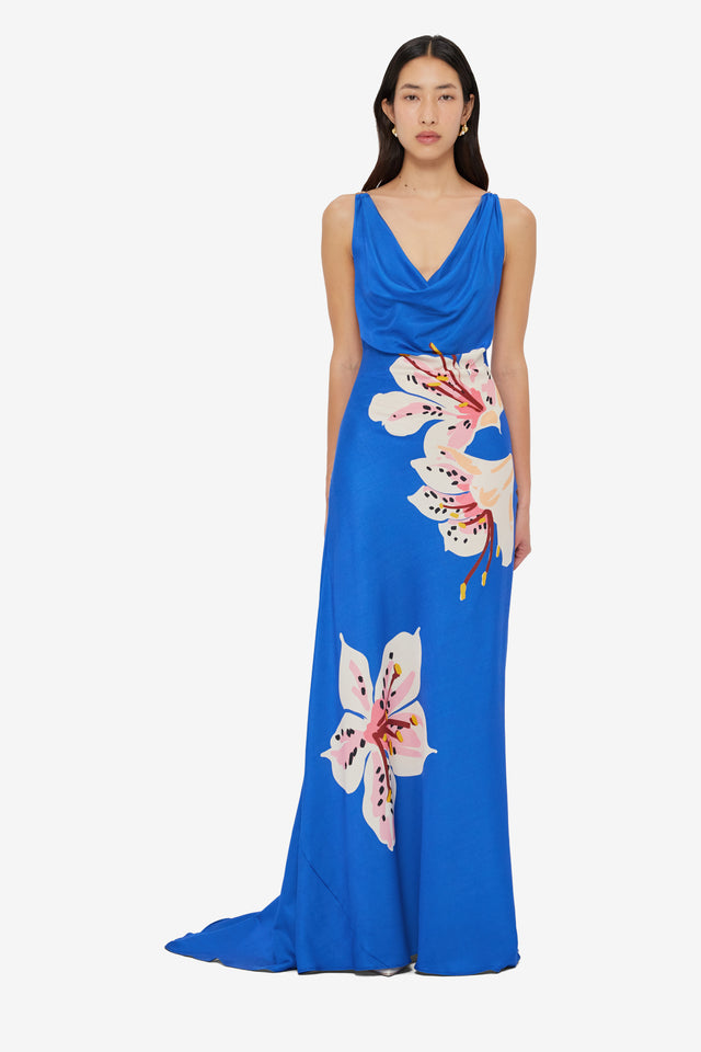 Exclusive LEO LIN Imogen Gown - Lily Print in Cobalt