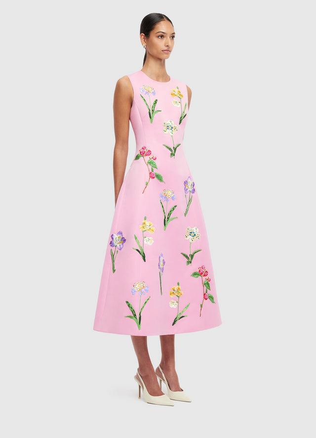 Exclusive LEO LIN Cleo Embellished Sleeveless Midi Dress - Wild Flower in Flamingo