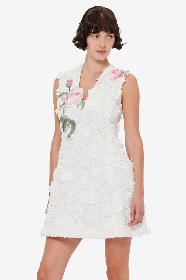Exclusive LEO LIN Briana V Neck Embroidered Lace Mini Dress - Snow