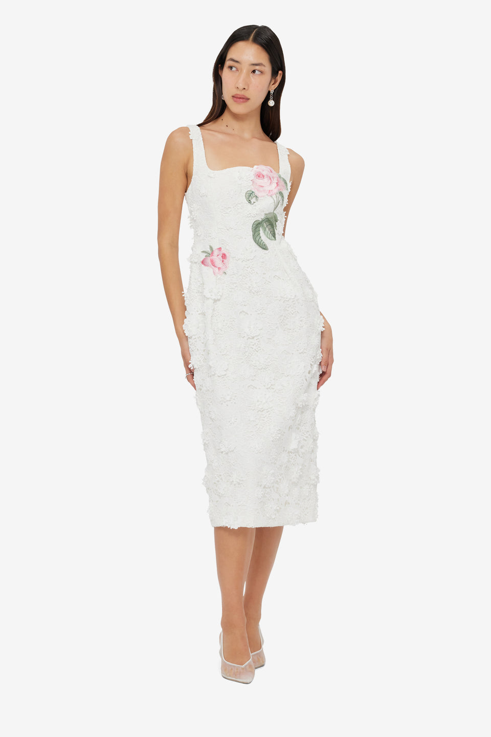 Exclusive LEO LIN Larissa Embroidered Lace Midi Dress - Snow
