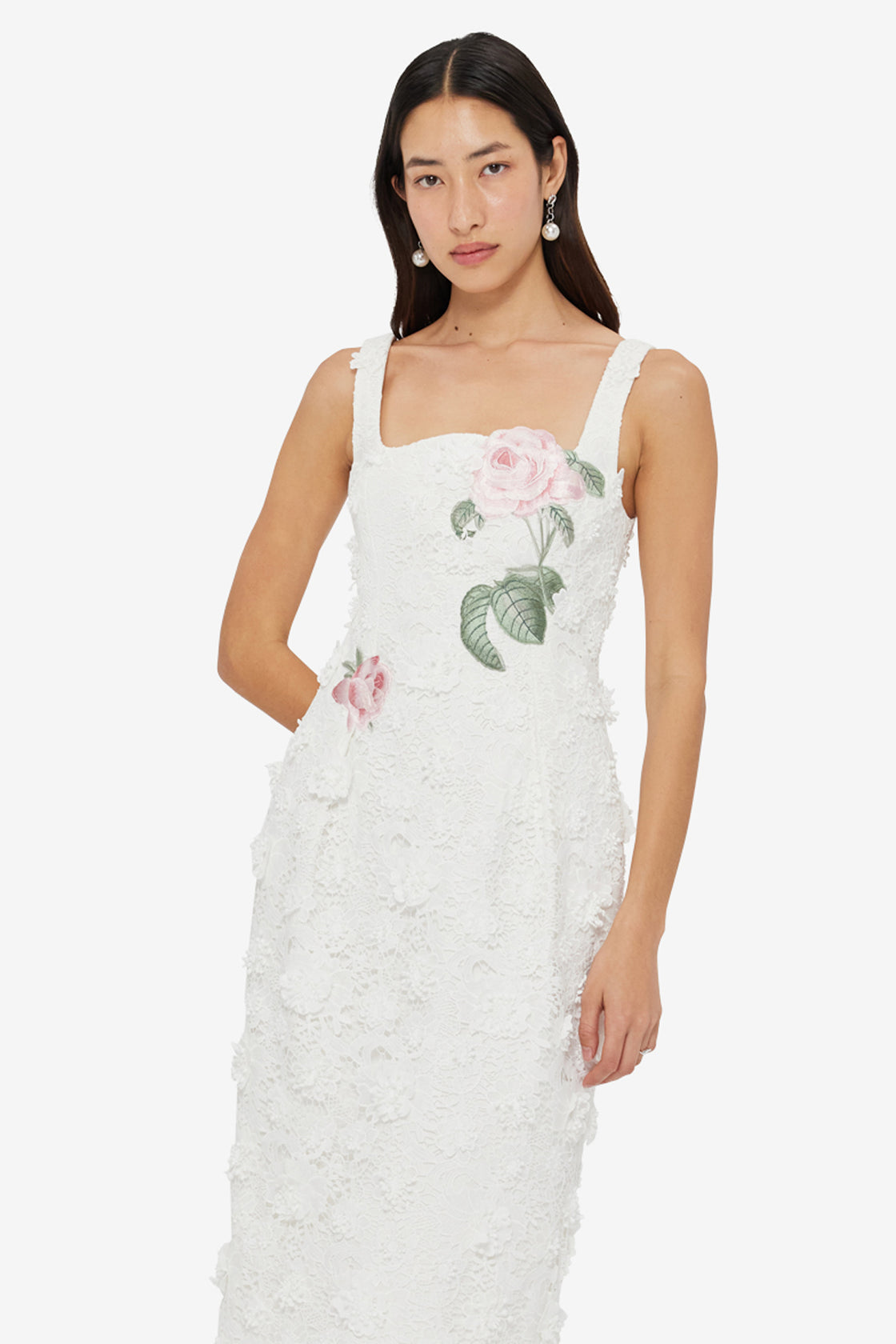 Exclusive LEO LIN Larissa Embroidered Lace Midi Dress - Snow