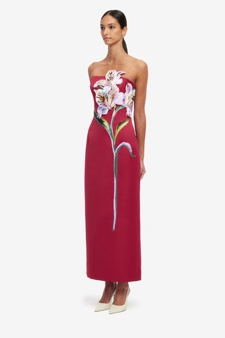 Exclusive LEO LIN Rayna Appliqué Floral Maxi Dress - Lily Print in Oxblood