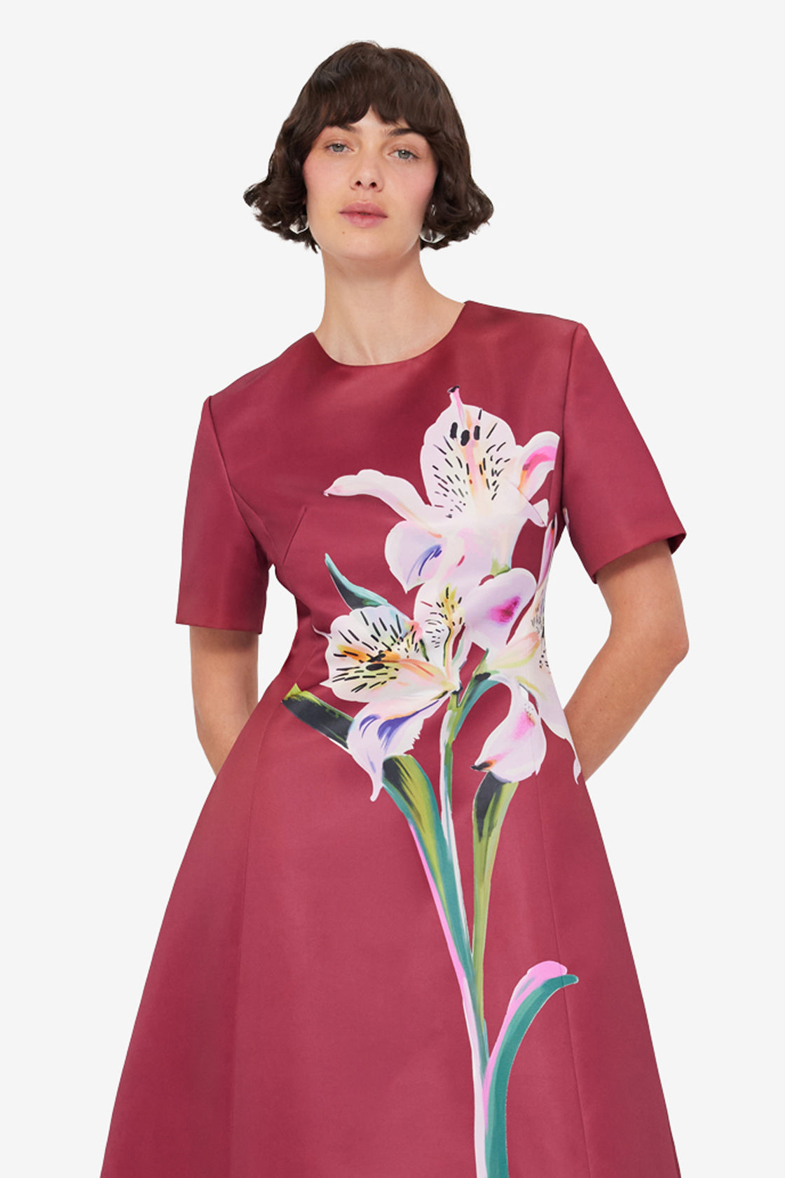 Caroline Short Sleeve Midi Dress - Lily Print in Burgundy LEO LIN Caroline Short Sleeve Midi Dress - Lily Print in Burgundy LEO LIN
