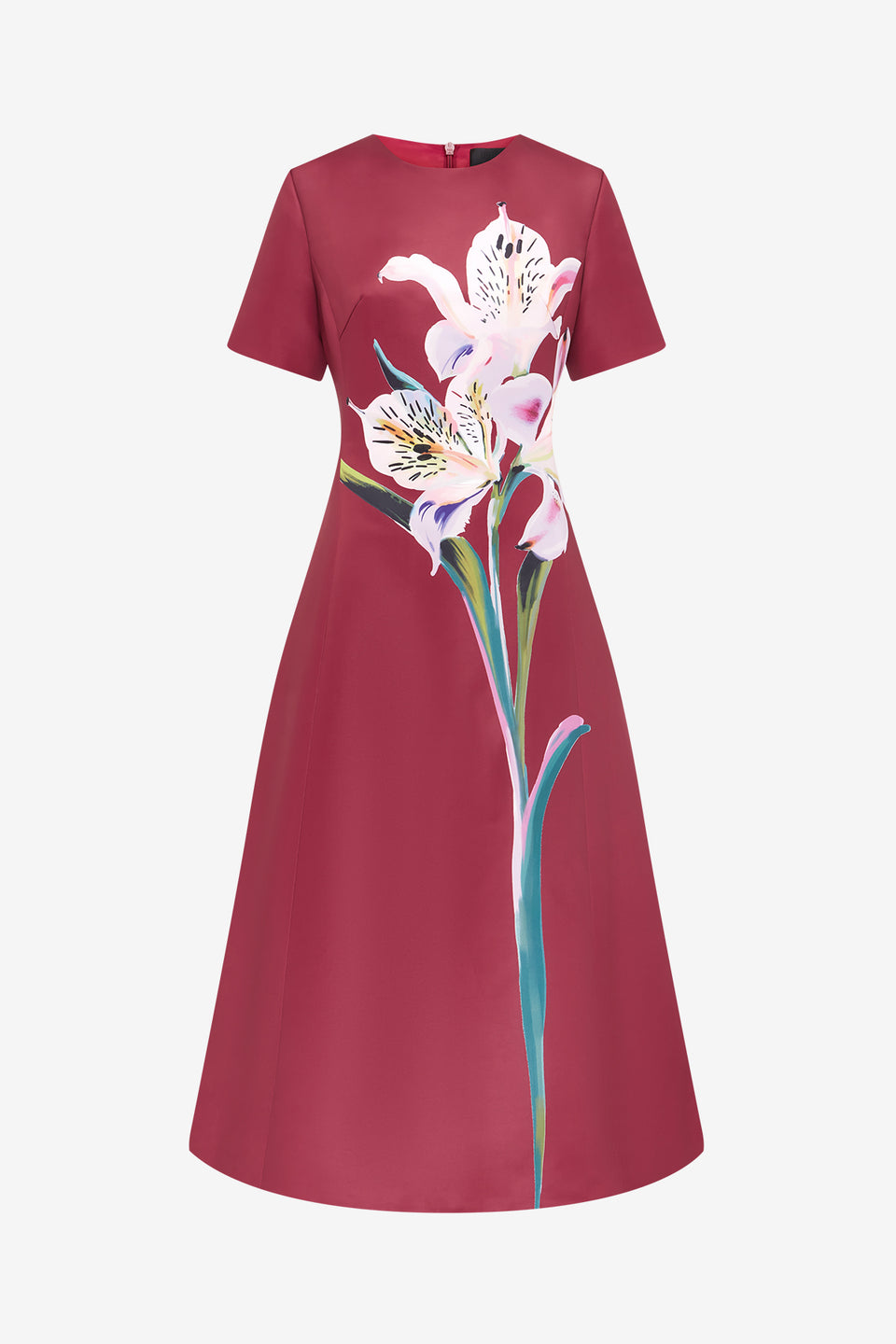 Exclusive LEO LIN Caroline Short Sleeve Midi Dress - Lily Print in Burgundy