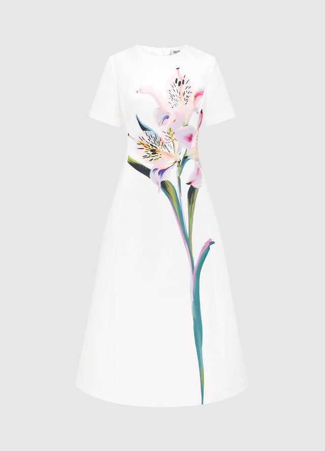 Exclusive LEO LIN Caroline Short Sleeve Midi Dress - Lily Print in Snow