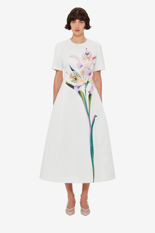 Exclusive LEO LIN Caroline Short Sleeve Midi Dress - Lily Print in Snow