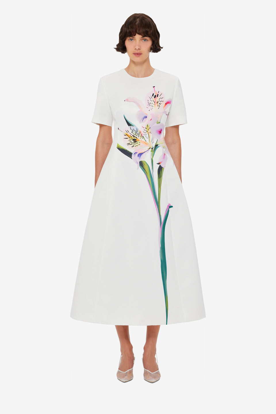 Exclusive LEO LIN Caroline Short Sleeve Midi Dress - Lily Print in Snow