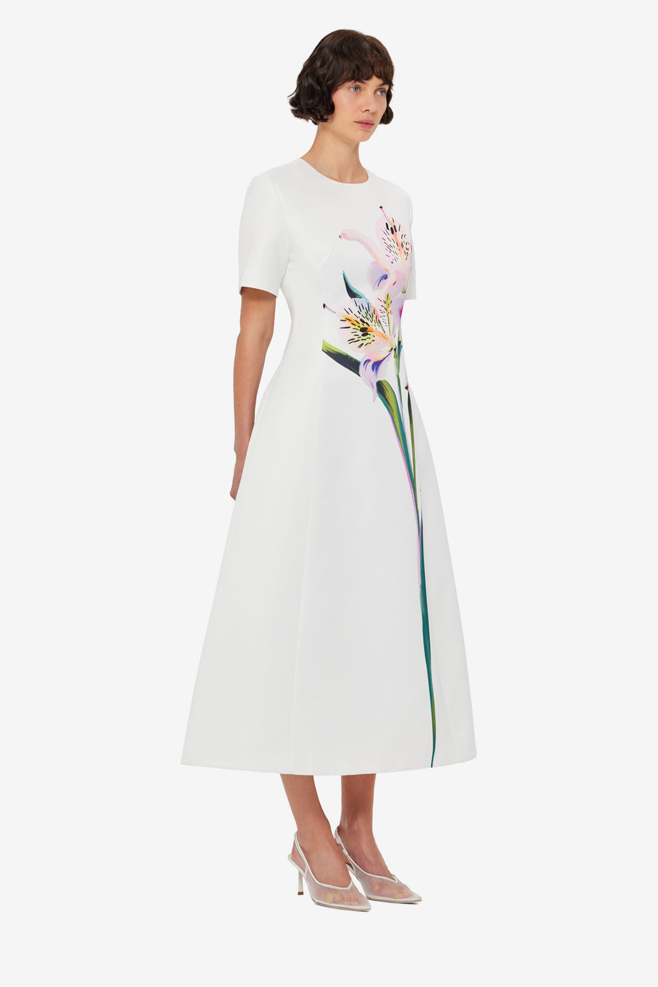 Exclusive LEO LIN Caroline Short Sleeve Midi Dress - Lily Print in Snow